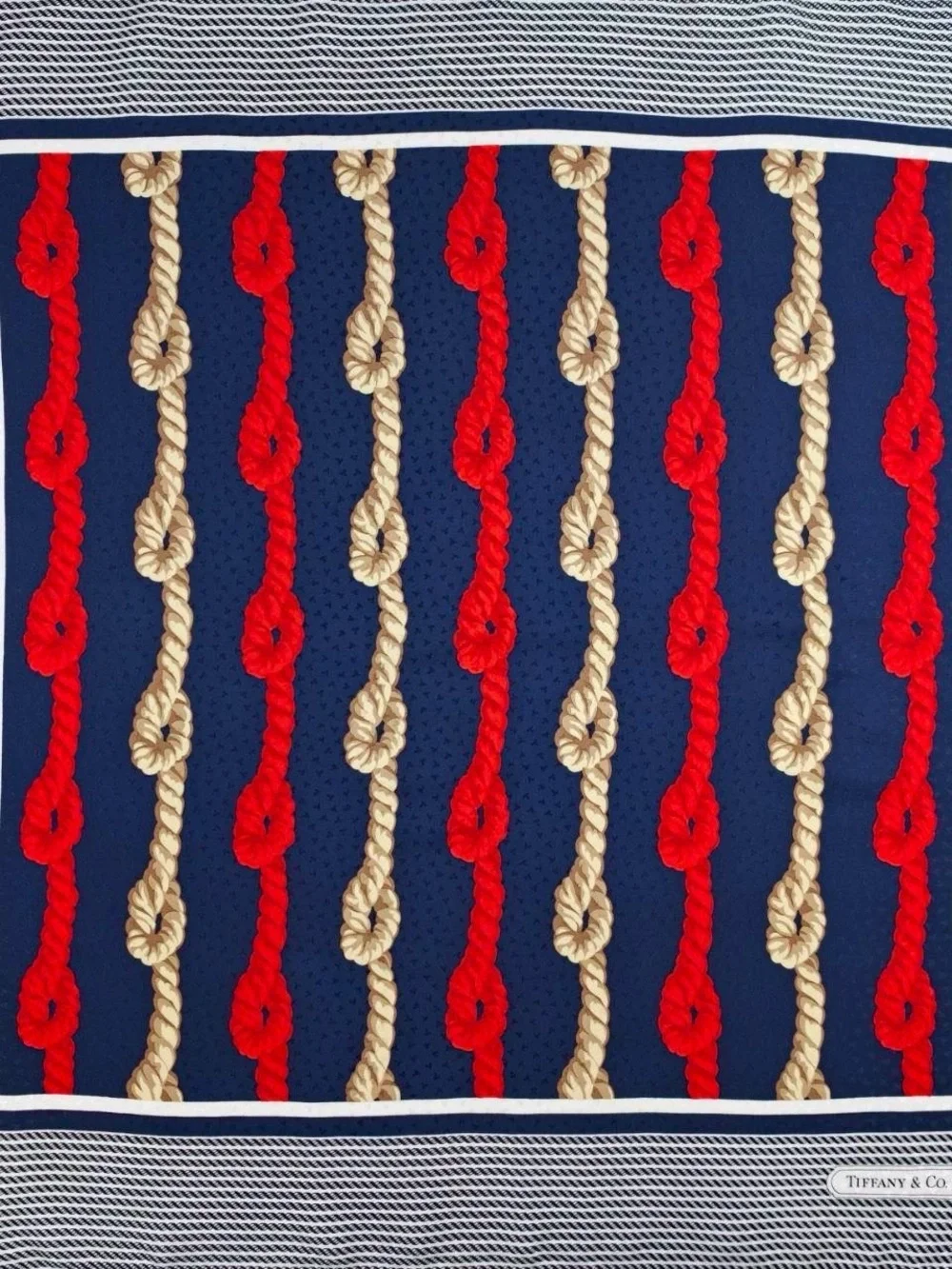 Tiffany & Co. Navy, Red & Gold Floral Silk Scarf with Graphic Border